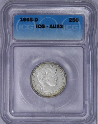 1908-D Barber Quarter 25c ICG AU53 - Image 1 of 4