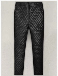 Men's Genuine Cow Soft Black Leather Handmade Quilted Leather Slim Fit Pant - Picture 1 of 3