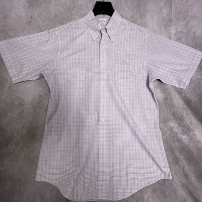 Brooks Brothers 346 Shirt Slim Fit 16" Pink/Blue Plaid Short Slv Non-Iron Cotton - Image 1 of 4