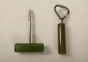 Green Glass or Stone Handled Bottle Wine Opener (R3F/JSF6) Chrome Mid Century - Picture 1 of 8