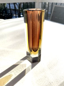 Vtg Oball Murano Sommerso Square Glass Vase Amber & Yellow 6" Tall - Picture 1 of 5