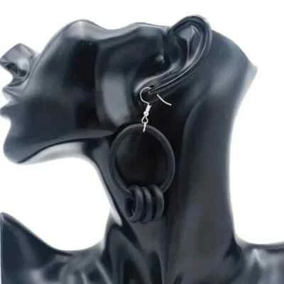 Modern Minimalist Artsy Unique Black Rubber Circular Disk Hanging Earrings - Image 1 of 2