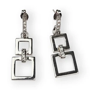 Sterling CZ Drop Post Earrings Rhodium Plated 925 Silver Double Square Prime Art - Picture 1 of 12