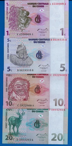 Congo D.R. 1,5,10,20 Centimes 1997 Paper Money Currency Uncirculated Set #3 Cover
