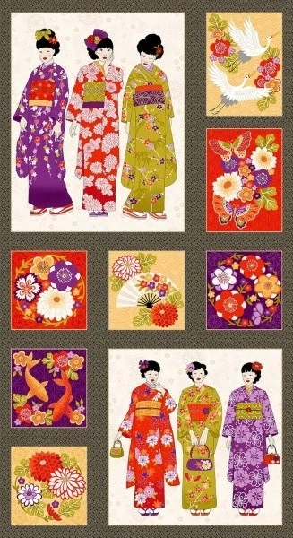  Kimono Japanese Geisha Fans Cranes Koi Flowers Cotton Quilting Panel Fabric  - Image 1 of 1