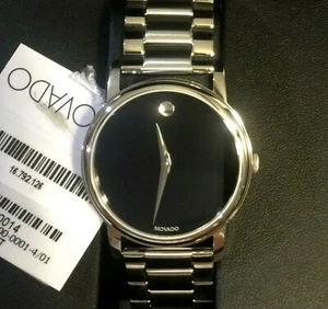 NWT MEN'S MOVADO CLASSIC BLACK MUSEUM DIAL WATCH Swiss All Stainless w/ Boxes - Picture 1 of 8