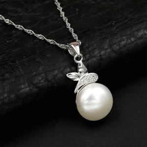 Women White Freshwater Pearl CZ 925 Sterling Silver Pendant Chain Necklace 00363 - Picture 1 of 4