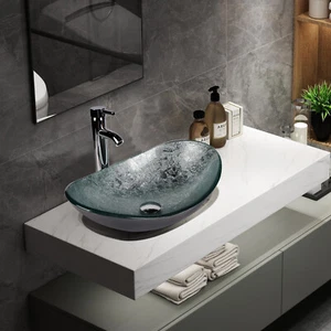 Vessel Sink Tempered Glass Basin Bowl Bathroom Vanity Silver Faucet PopUp Drain - Picture 1 of 12