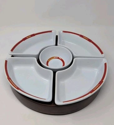 Pottery Barn Pasta Rustica Condiment Carousel Lazy Susan Wood Porcelain Tray - Image 1 of 4