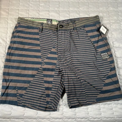 NWT Volcom Shorts BLUE Gray Striped Size 38 Graphito Dress Style Casual. - Image 1 of 4
