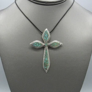 Sterling Silber Türkis Chip Inlay Kreuz Anhänger Halskette - Bild 1 von 5
