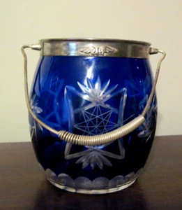 Bohemian Cut to Clear Cobalt Blue Biscuit Jar Silver Rim Handle No Lid - Picture 1 of 5