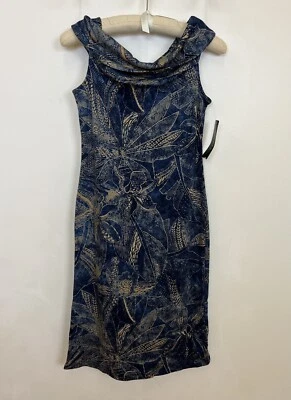Lauren Ralph Sz S Knit Dress Off-Shoulder Cowl Neck Tropical Indigo Floral NEW - Image 1 of 4