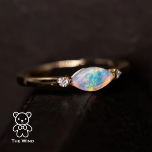 Minimalist Marquise Australian Solid Opal Diamond Ring 18K Yellow Gold - Picture 1 of 11