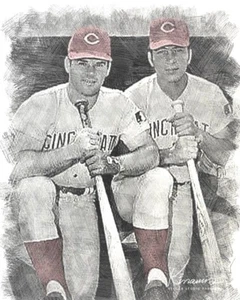 Pete Rose ~ Johnny Bench HOF Cincinnati Reds Art Print Var Sizes Pastel Styles - Picture 1 of 5