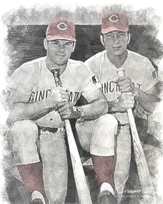 Pete Rose ~ Johnny Bench HOF Cincinnati Reds Art Print Var Sizes Pastel Styles - Image 1 of 4