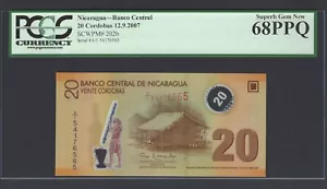 Nicaragua 20 Cordobas 12-9-2007 P202b Uncirculated Graded 68 - Picture 1 of 2