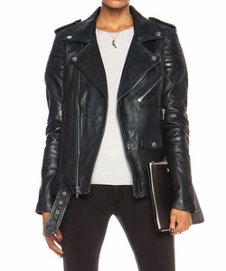 Women Black Slim Fit Biker Motorcycle Lambskin Leather Jacket - Picture 1 of 5