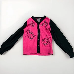 Walt Disney Cardigan Sweater Mickey Minnie Mouse Pink Black Embroidered 7/8 - Picture 1 of 7