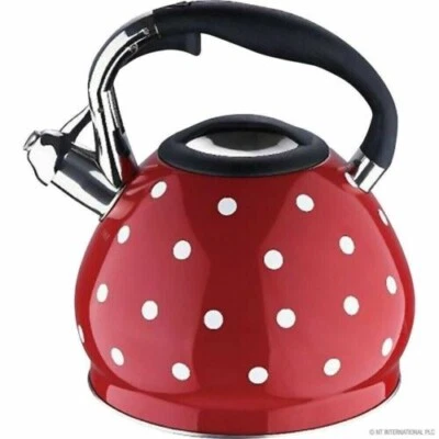 RED POLKA DOT 3.5 LITRE STAINLESS STEEL WHISTLING KETTLE FOR GAS & ELECTRIC HOBS - Image 1 of 2