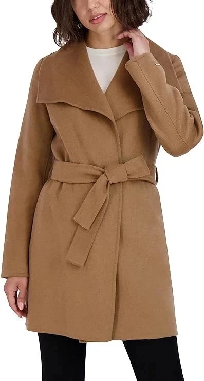 Abrigo para mujer Tahari envolvente de doble cara mezcla de lana tostada cinturón cuello ala talla S nuevo con etiquetas Foto 1 de 4
