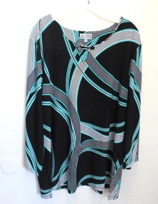 JM Collection Jersey Top Size 2X Black White Turquoise 3/4 Sleeve Stretch DR - Image 1 of 4