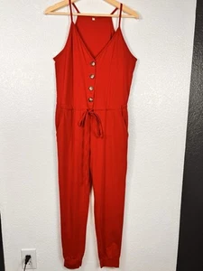 Red Hot Strappy Jumpsuit Tie Waist V-Neck Cuffed Pant Legs Stretchy Sz Small - Picture 1 of 10