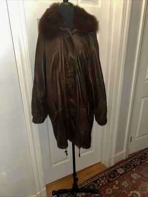 Vtg Womens Damselle LTD Size  S/m Removable Fur Collar 80’ Coat Distressed Leath - Image 1 of 4