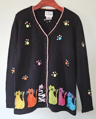 Quaker Factory Kitty Cats Paw Prints Black Sweater Cardigan Cotton Blend - Image 1 of 4