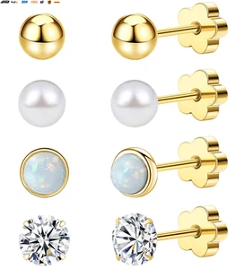 4Pairs Flat Back Earrings for Women 14K Gold Hypoallergenic Cartilage Earring fo - Picture 1 of 9