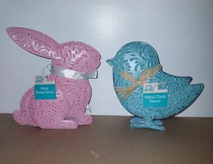 Metal Pink Bunny & Blue Chick Tabletop Decor NWT Easter Spring Holiday - Picture 1 of 13