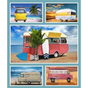 Nutex Fabric -Retro Camper Vans & Caravans Sewing Panel - Patchwork Quilting - Picture 1 of 2