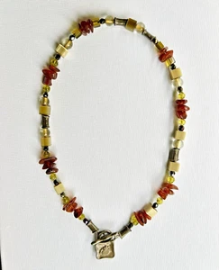 Necklace Olive Green Gray White & Amber Beads by Danon - Picture 1 of 9