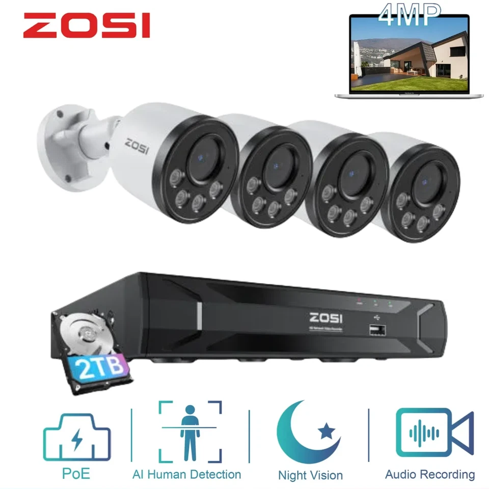 ZOSI 4MP PoE Überwachungskamera Set 8CH 2TB 5MP NVR 24/7 Aufnahme Audio WIE NEU - Bild 1 von 4