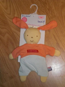Doudou bébé SUCRE D'ORGE plat orange bleu lapin rabbit bunny lièvre hase peluche - Picture 1 of 1