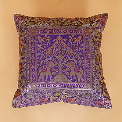 Indian Pillow Cover Elephant Print Brocade Silk Cushion Cover Home Decor 16" - Image 1 of 4