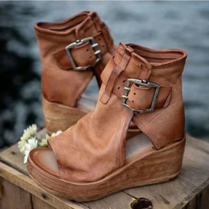 Summer Women Fashion Slip On Retro Wedge Heels Peep Toe Hollow Sandals Platform - Picture 1 of 48