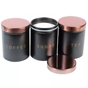 Rose Gold and Black Set of 3 Tea, Coffee, Sugar canisters Storage Container Set - Picture 1 of 11