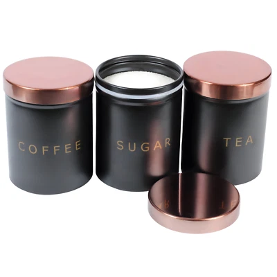 RLS Rose Gold and Black Set of 3 Tea, Coffee, Sugar canisters Storage Container Set