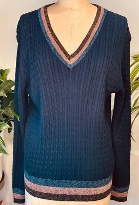 NEW BROOKS BROTHERS BLUE V-NECK METALLIC PINK STRIPE CABLE KNIT SWEATER*SLIM XL - Image 1 of 4
