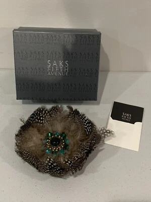 Gerard Yosca Large Feather Brooch Hat Pin Crystals Teal Brown White Gold Tone - Image 1 of 4