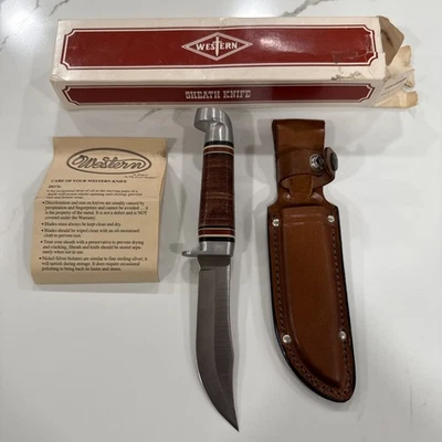 Vintage Western Cutlery USA L66 Fixed Blade Hunting Knife W/ Leather Sheath   - Image 1 of 4