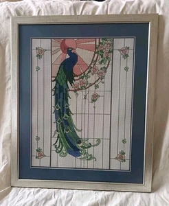 Large Art Deco Rennie Macintosh Style Peacock Cross-Stitch With Beading Framed - Picture 1 of 19