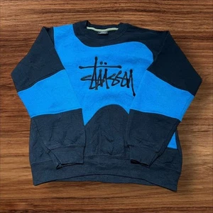 📝 Stussy Mens Reworked Black & Blue Pullover Jumper / Sweatshirt / Sweater - Picture 1 of 5