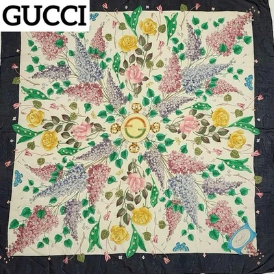 GUCCI Bufanda de Seda Grande Azul Marino Mariposa Floral Enclavamiento Usado De Japón Foto 1 de 4