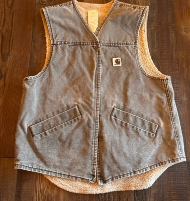 Chaleco Jean De Colección Años 80 CARHARTT Para Hombre Thrashed Sherpa Forrado Gris Denim A Presión Grande Foto 1 de 4