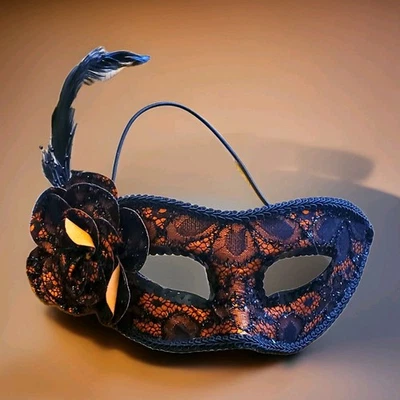 Spooky Village Black And Copper Mardi Gras Masquerade Mask With Black Feather - Image 1 of 2