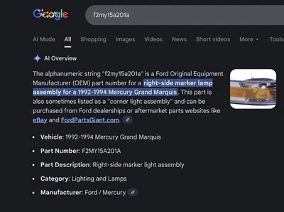 Lámpara de luz marcadora lateral derecha Mercury FORD OEM 92-94 Grand Marquis F2MY15A201A Foto 1 de 3