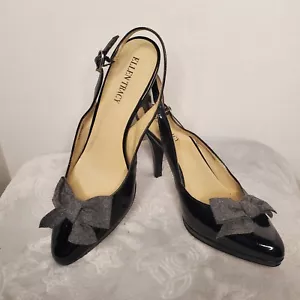 Ellen Tracy schwarz Leder klassisch mit grauer Schleife Slingback Heels Carin Größe 7M - Bild 1 von 7