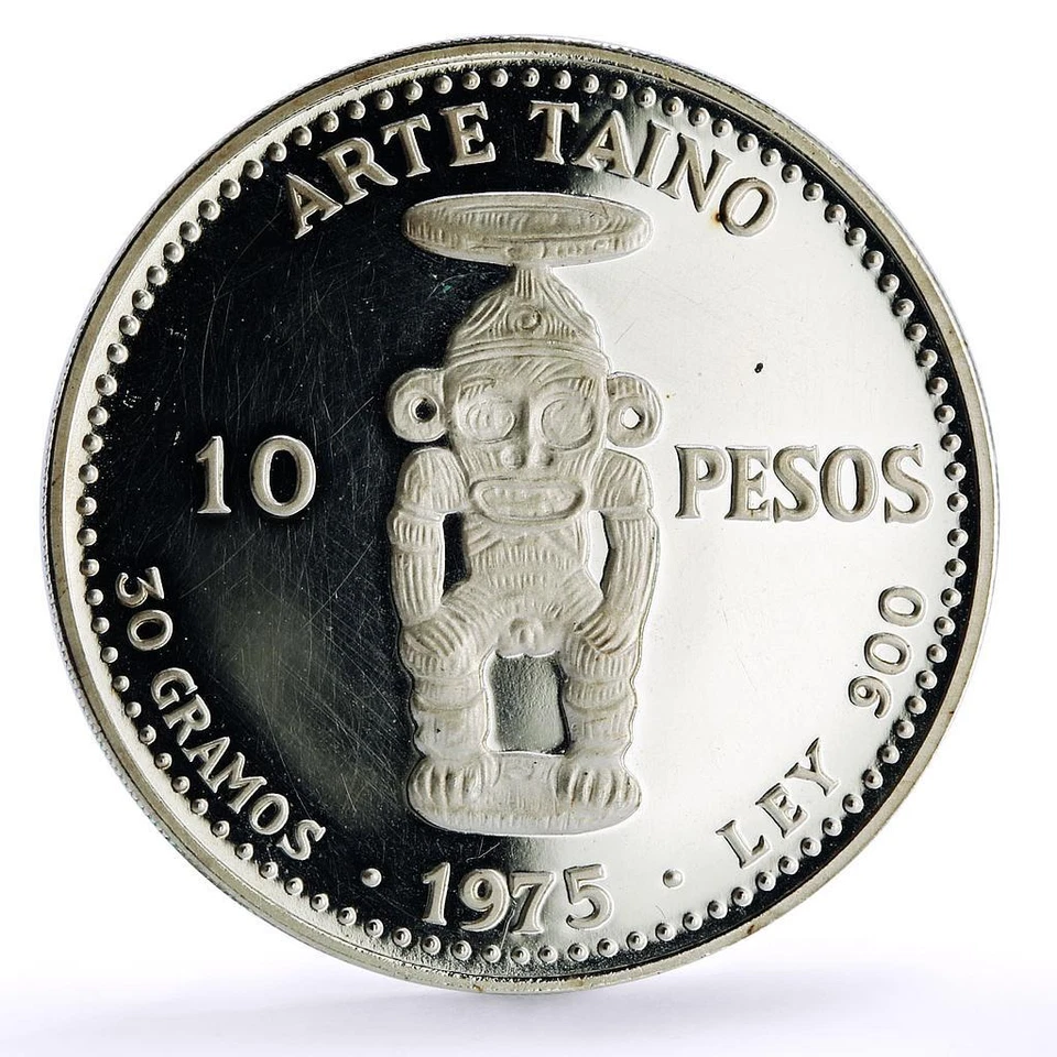 Dominican Rep. 10 pesos Pueblo Viejo Mine Arte Taino Art proof silver coin 1975 - Image 1 of 4